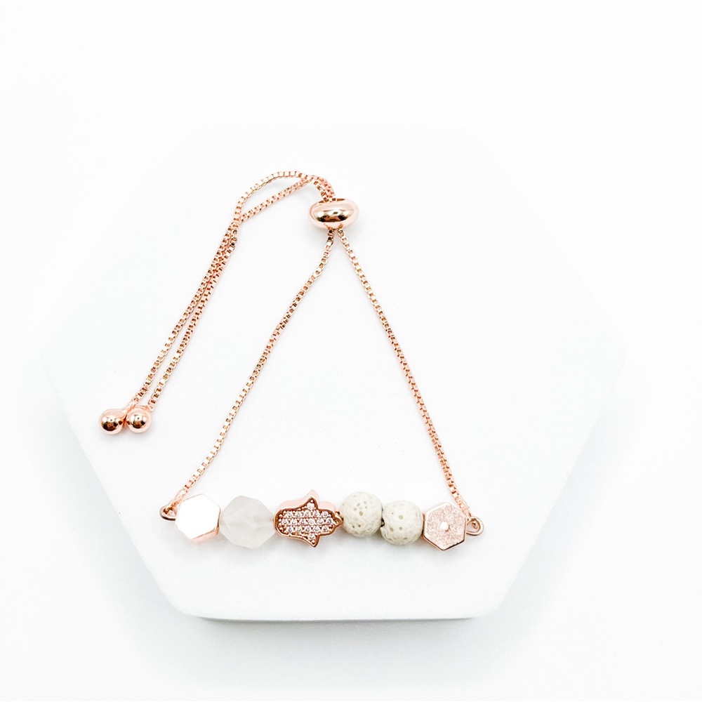 Rose Gold Adjustable Bracelet with Hamsa Charm and Lava Beads